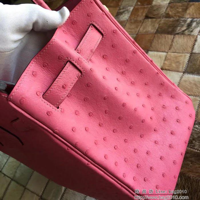 HERMES愛馬仕 鉑金包 Birkin 30 南非原產KK級鴕鳥皮 頂級工藝 櫻花粉 手縫蠟線 手提包  Ama1241